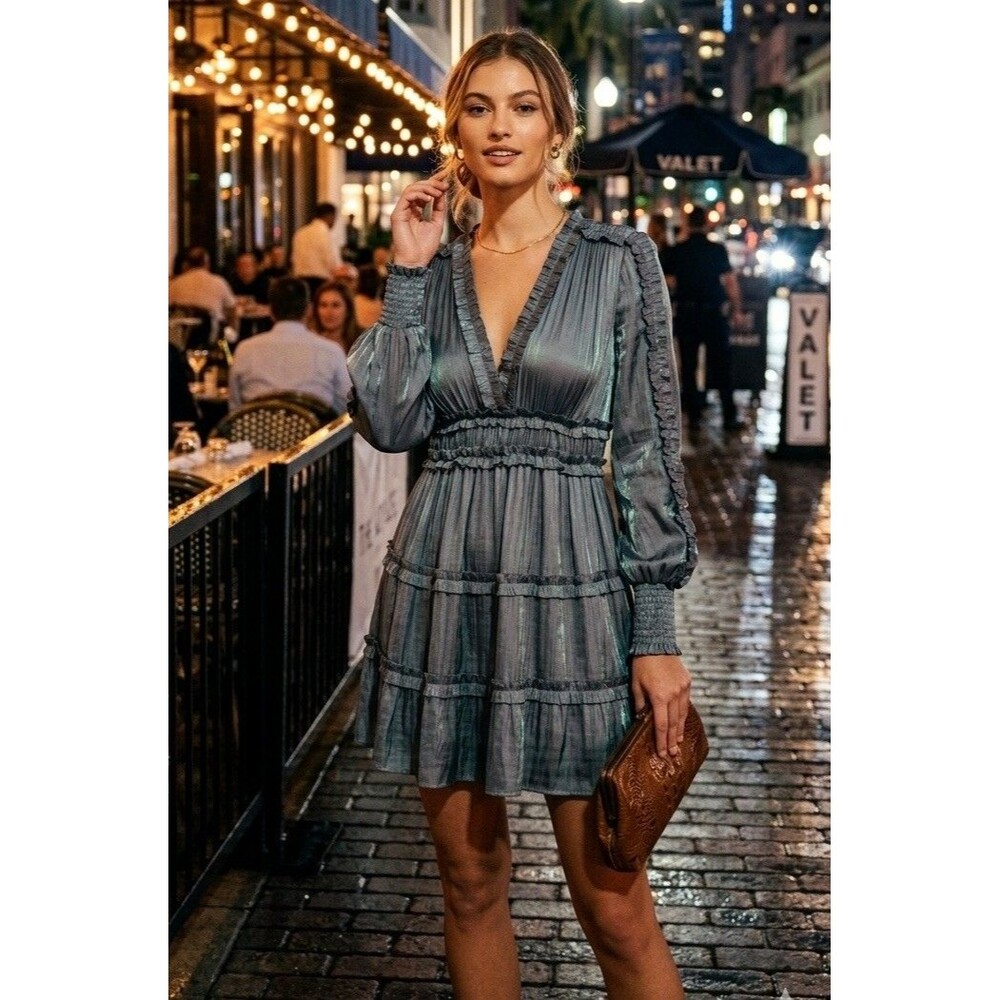 O.P.T. Long Sleeves Ruffled Tiered Cocktail Party Mini Dress S Romantic Femenine